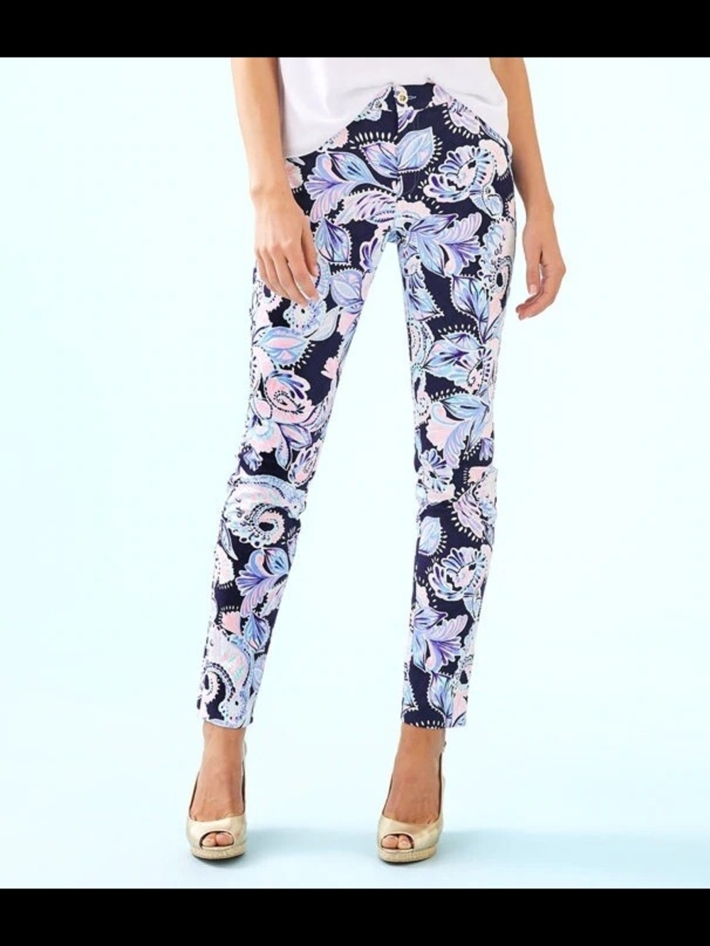 Lilly Pulitzer Navy Skinny Floral Print Pants with Pastel Accents